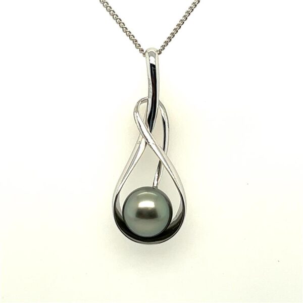 9ct White Gold 10mm Tahitian Pearl Open Twist Pendant