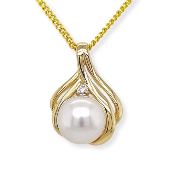 9ct Yellow Gold 8-8.5mm South Sea Pearl & Diamond Curve Pendant